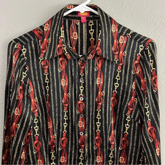 Eye Silk Bit and Bridle Print Button Front Shirt Women’s Size 4 Old Money Luxury - Picture 2 of 10